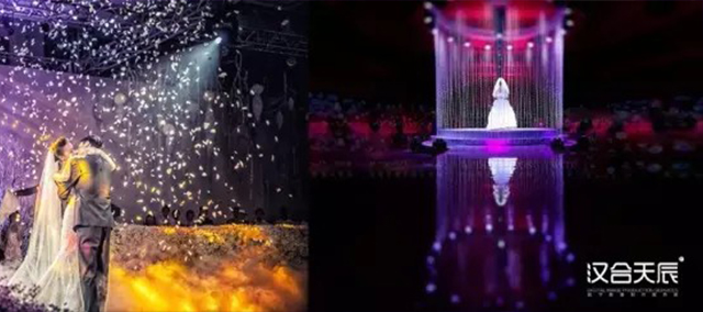 传统与科技碰撞,利用声、光、电、全息投影、裸眼3D等高科技技术与灯光、音响等相结合,呈现出时空漩涡、天使樱花雨、蝶舞纷飞、薰衣草之恋等多个美轮美奂、生动逼真的婚礼场景。