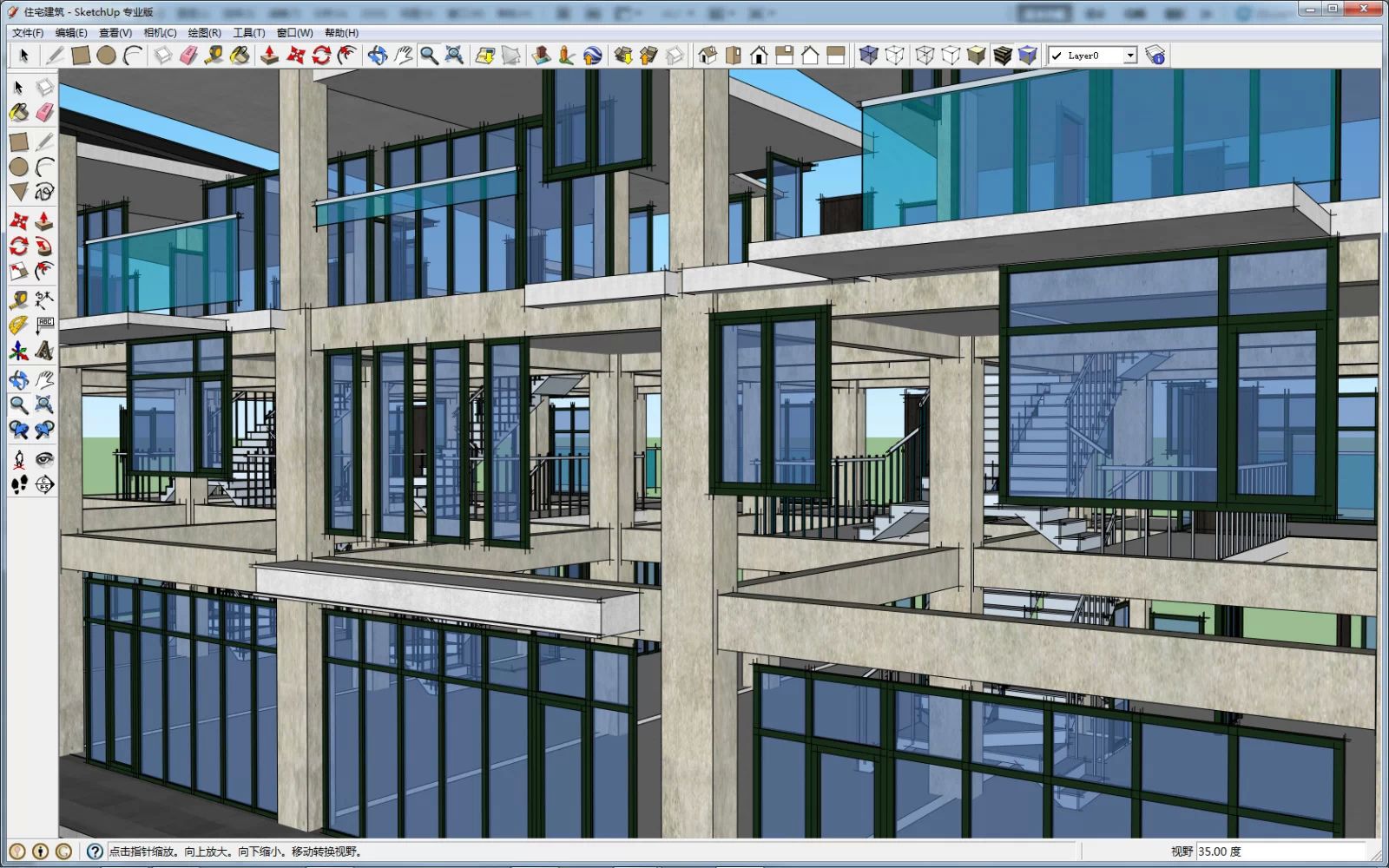 石头花草地的房子_revit 住宅建筑-设计作品-蓝灰